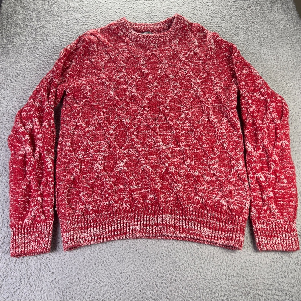 Abercrombie & Fitch Sweater Men L Red Chunky Knit Fishermen Crew Neck Wool Blend